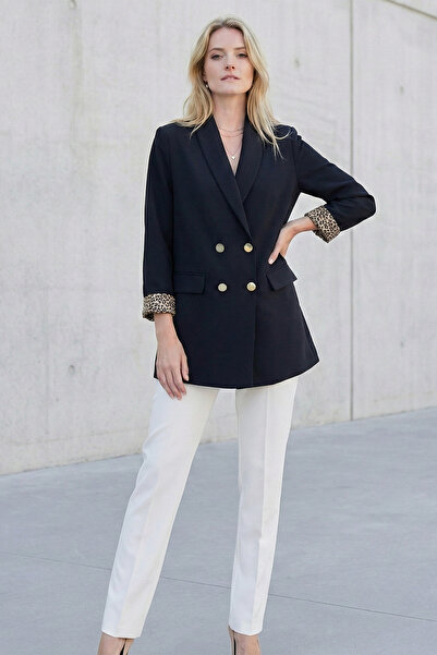 FERHEL Women's Pocket Detailed Double Button Patterned Blazer Jacket