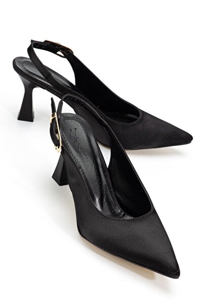 Saadet Kaya Butik Women's Black Satin Open-Back Pointed Thin Heeled Shoes