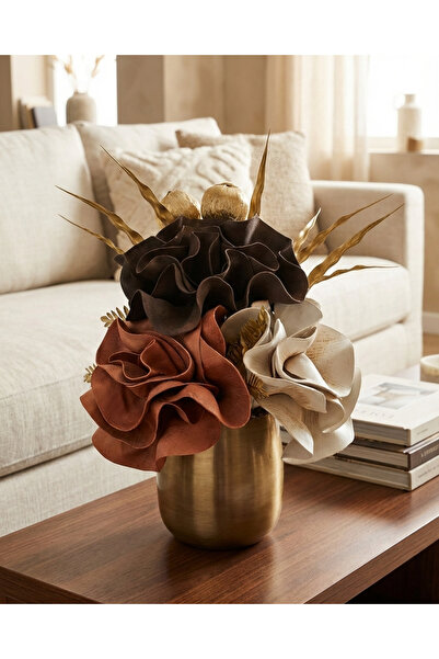 VAZO DEKOR Eskitme Altın Pirinç Vazo ve Yapay Çiçekli Aranjman - Modern Salon...