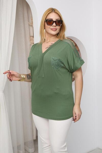 Siyezen Plus Size Lace Pocket Detailed Blouse