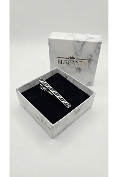 Elegante Cravatte Gümüş Siyah Çizgili Modern Erkek Kravat İğnesi