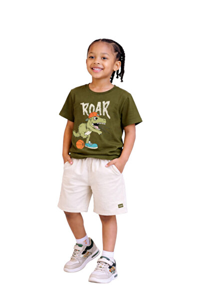 Victor and Jane Boys Roar Dino T-Shirt & Cream Shorts Set (Relaxed Fit)