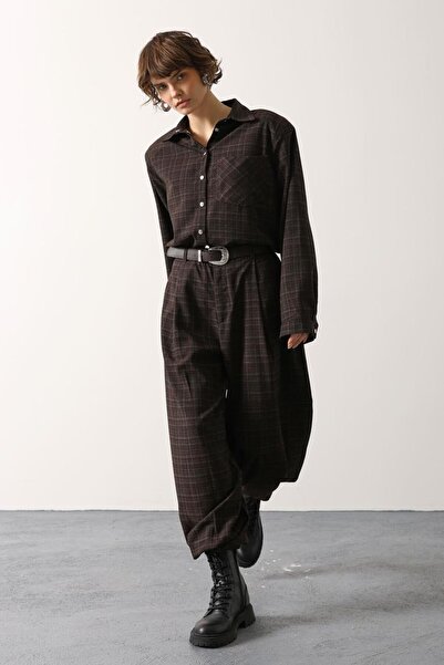 cemo Kadın Yüksek Bel Ekose Pantolonlu Gömlek Takım