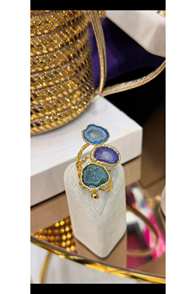 Marca Accessories Üçlü Doğal Druzy Taşlı Altın Kaplama Bohem Yüzük