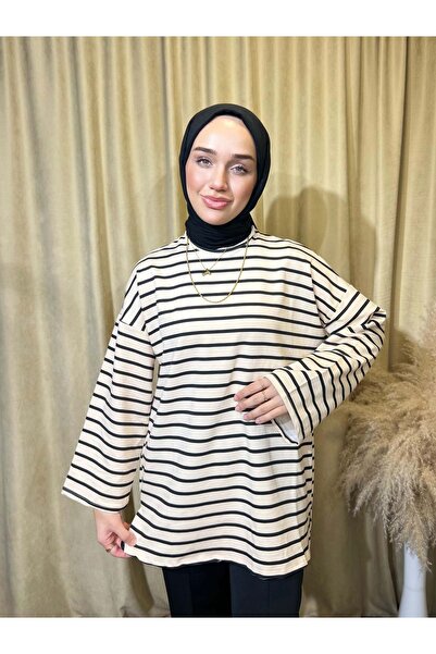 TK BUTİK Çizgili Oversize Sweatshirt Bisiklet Yaka