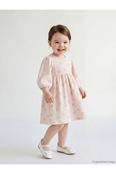 LC Waikiki فستان بناتي من مجموعة إلسيفا باللون الوردي مع كشكشة مزهرة