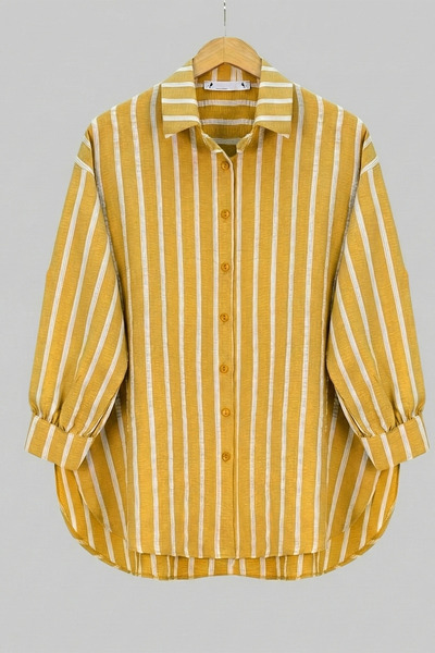 FERHEL Women's Buttoned Oversized Striped Shirt - Mustard