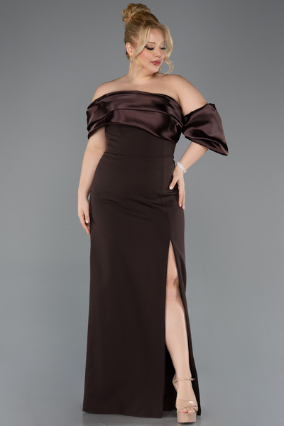 Abiyefon Kahve Bacak Dekolteli Uzun Büyük Beden Abiye Elbise ABU5047