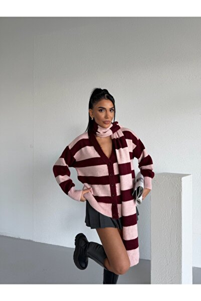 bessa butik Striped Scarf Soft Cardigan