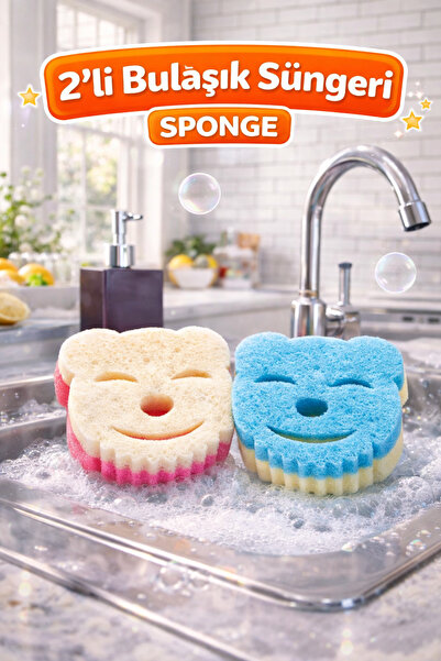 DİYA3 2'li Bulaşık Süngeri Sponge Çift Taraflı Gülen Yüz Sünger Sihirli Sünge...