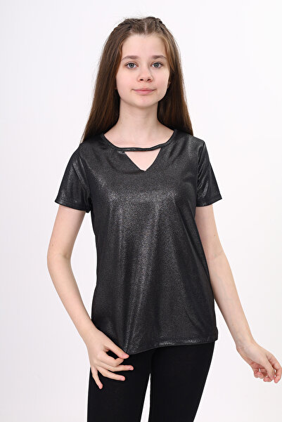 Toontoy Girl's Glittery V-Neck Short Sleeve T-Shirt