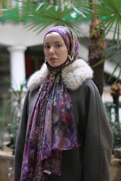 Ayshara Violet Floral Patterned Double-Sided Shawl - Plum Pink