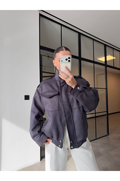 BB Bensu Buyruk Suede Bomber Jacket with Large Pockets
