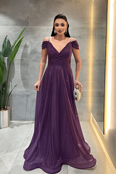 giyimmasalı Simli Kumaş Kayık Yaka Abiye Elbise - PATLICAN MOR