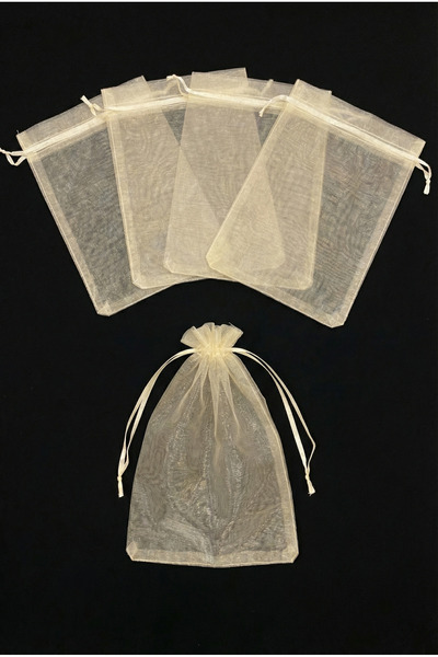 ZEYMERADE Krem Organze Şeffaf Tül Kese, 10 Adet Ölçü 20x30cm, Düğün Bohça Çey...