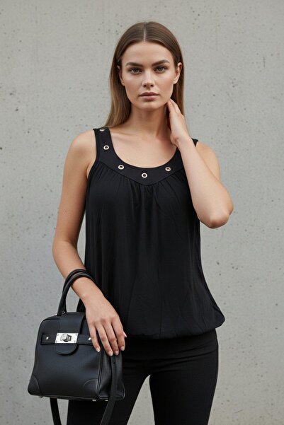 Mossta Eyelet Detailed V-Neck Strappy Viscose Blouse - Black