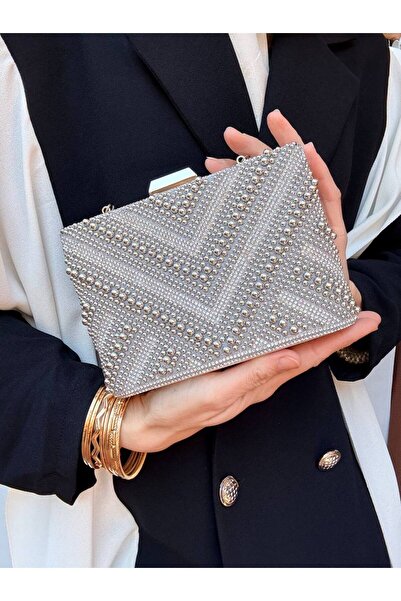 Çanta Trend Women's Stone-Embellished Handbag and Long Chain Strap Bucket Mod...