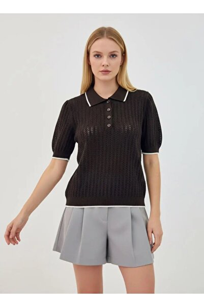 Park Karon Women's Polo Collar Button Detail Openwork Knitwear Sweater 12198