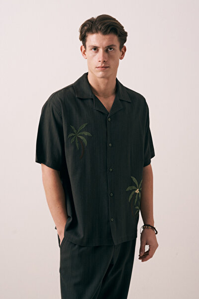 İLKCET MODA Palm Tree Patterned Khaki Oversize Men's Shirt