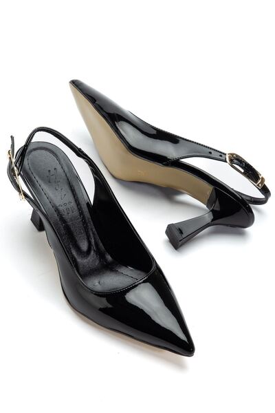 Saadet Kaya Butik Women's Black Patent Leather Open-Back Pointed Thin Heeled ...