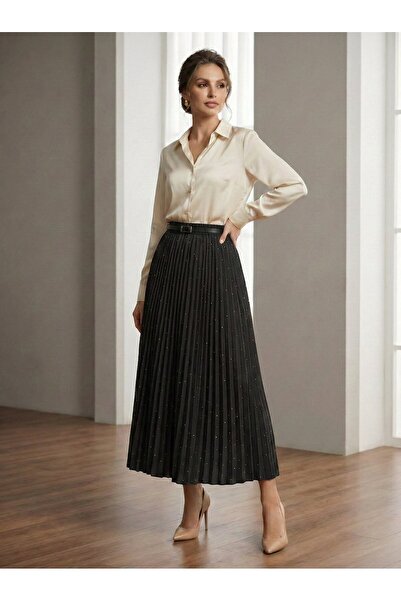 TrendParis Elegant Stone Detailed Pleated Skirt