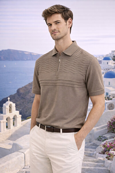 Maccali Men's Comfort Short Sleeve Brown Knitwear Polo Neck T-Shirt