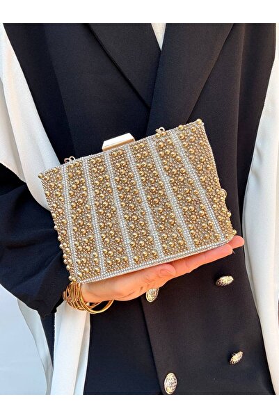 Çanta Trend Women's Stone-Embellished Handbag and Long Chain Strap Bucket Mod...