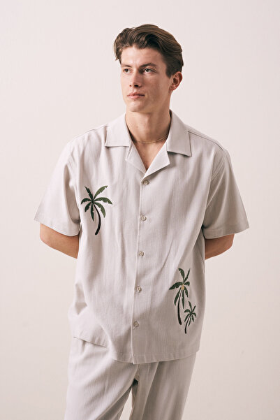 İLKCET MODA قميص رجالي كبير الحجم بنقشة النخيل