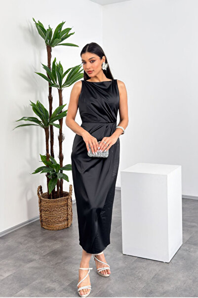 Nika Fashion Γυναικείο φόρεμα με λαιμόκοψη καγιάκ, πλισέ μέση, σκίσιμο μπροστ...