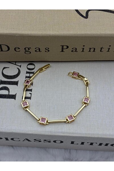 Hedef Bijuteri 14K Gold Renk Kare Pembe Zirkon Taşlı Bileklik CM72