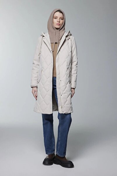 Zühre Hooded Zipper Detailed Stone Quilted Coat 13948