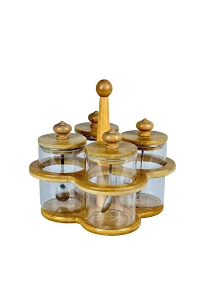 Generic Glass Spice Set with Wooden Holder and Bamboo Lids - 4 Pieces