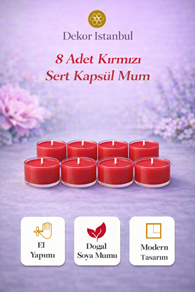 Dekor İstanbul 8’li Kırmızı Sert Kapsül Mum Seti Doğal Soya El Yapımı Dekorat...