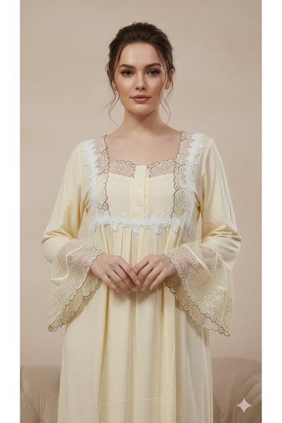Maison Emarat Premium Long Nightgown with Scalloped Floral lace Detailing