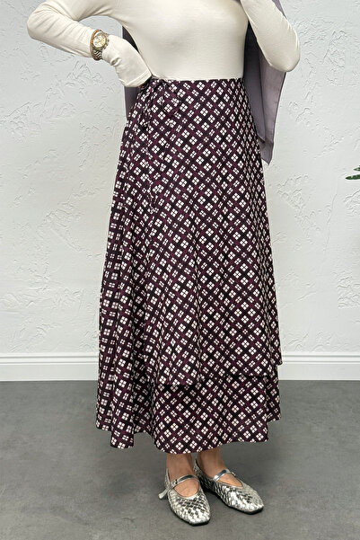 Salih Çelebi Tied Plaid Skirt 0092 - Mürdüm