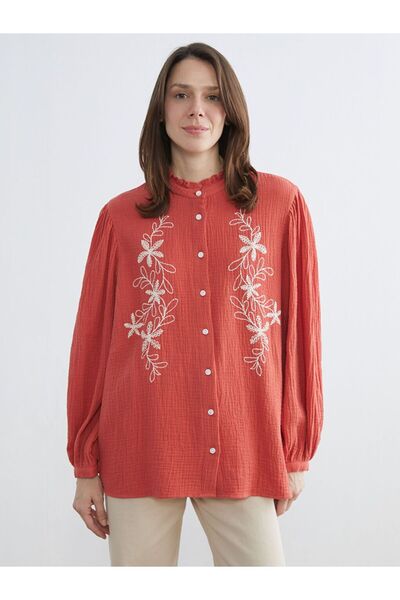 LC Waikiki Μπλούζα Oversize με βολάν, ριμπ γιακά και κέντημα λουλουδιών