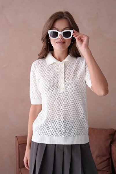 Park Karon Women's Polo Collar Button Detail Openwork Knitwear Sweater 12193