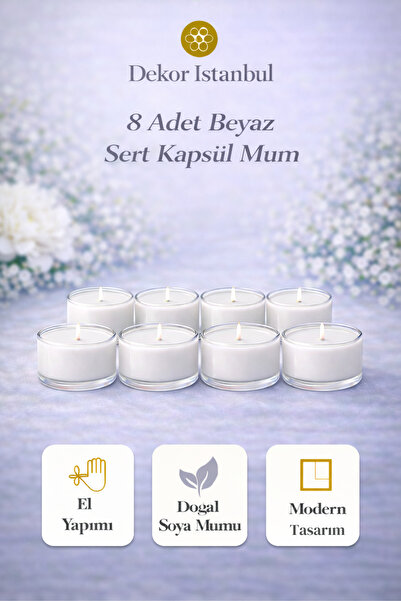 Dekor İstanbul 8’li Beyaz Sert Kapsül Mum Seti Doğal Soya El Yapımı Dekoratif...