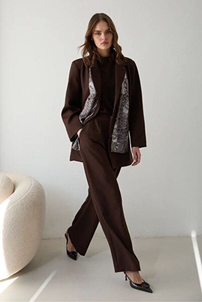 Melike Tatar Patterned Scarf and Jacket Set Brown 2654