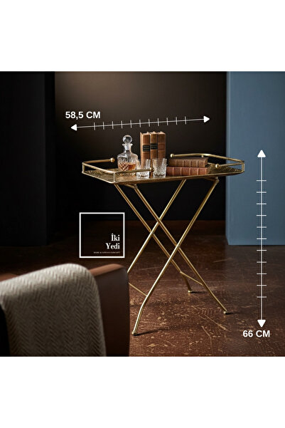 İki Yedi Konsept Hermachus Katlanabilir Bronz Eskitme Metal Servis Sehpası De...