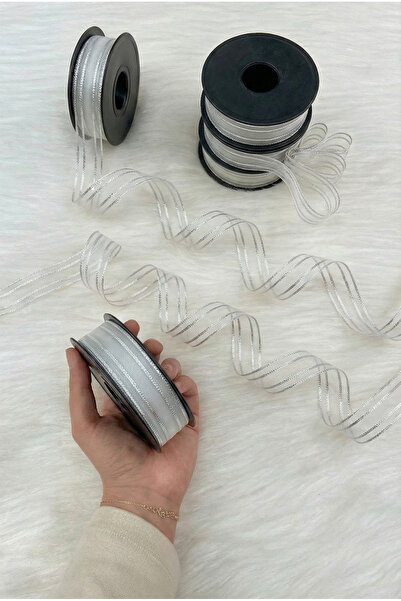 ZEYMERADE Silver Glitter Hilton Striped Chiffon Ribbon 2.5cm 20Mt, Bridal Bun...