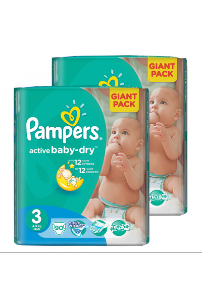 Pampers Set of 2X Giant Pack Baby-Dry Active Diapers, Size 3 (4-9 kg), 180 Pi...