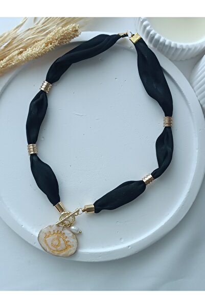 La fee aksesuar Fular Kolye Siyah Kumaş Bandana Nazar Göz Gerçek İnci Polimer...