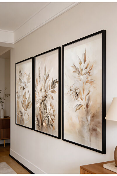 bestablo 3-Piece Framed Wooden Painting Set – Beige Floral Pattern Decorative...