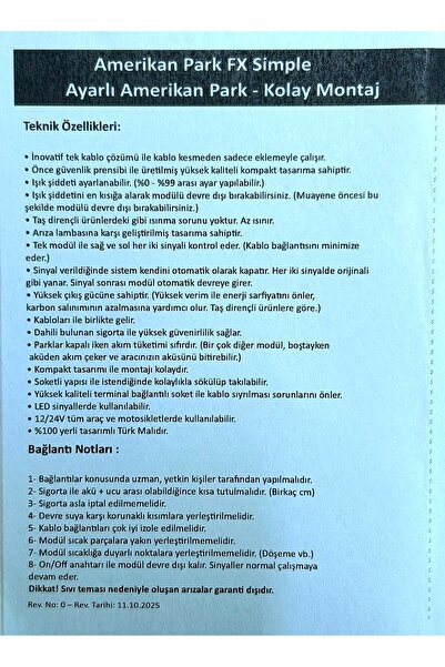 iq elektronik Tek Bağlantı Ön Ve Arka Amerikan Park Simple Motosiklet Uyumlu Kolay Montaj