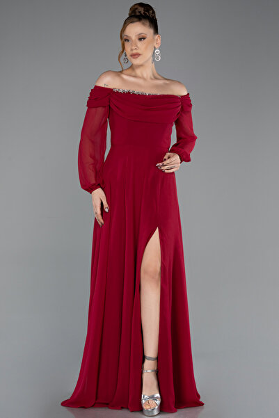 Abiyefon Bordo Kayık Yaka Uzun Kol Şifon Büyük Beden Abiye ABU5592