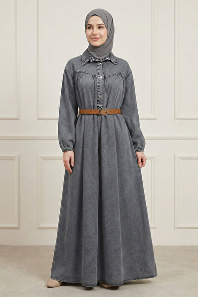 FERHEL Women's Buttoned, Elastic Sleeves, Belted, Detailed Hijab Denim Dress ...