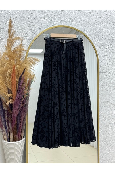 BENAHOLL Unique Lined Belted Flocked Pattern Skirt-Ek774 Black
