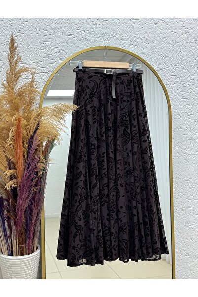 BENAHOLL Unique Lined Belted Flocked Pattern Skirt-Ek774 Brown