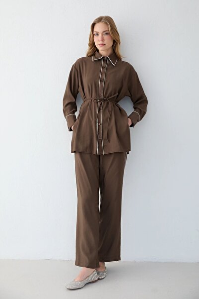 Melike Tatar Stone Detailed Shirt Set Brown 2610